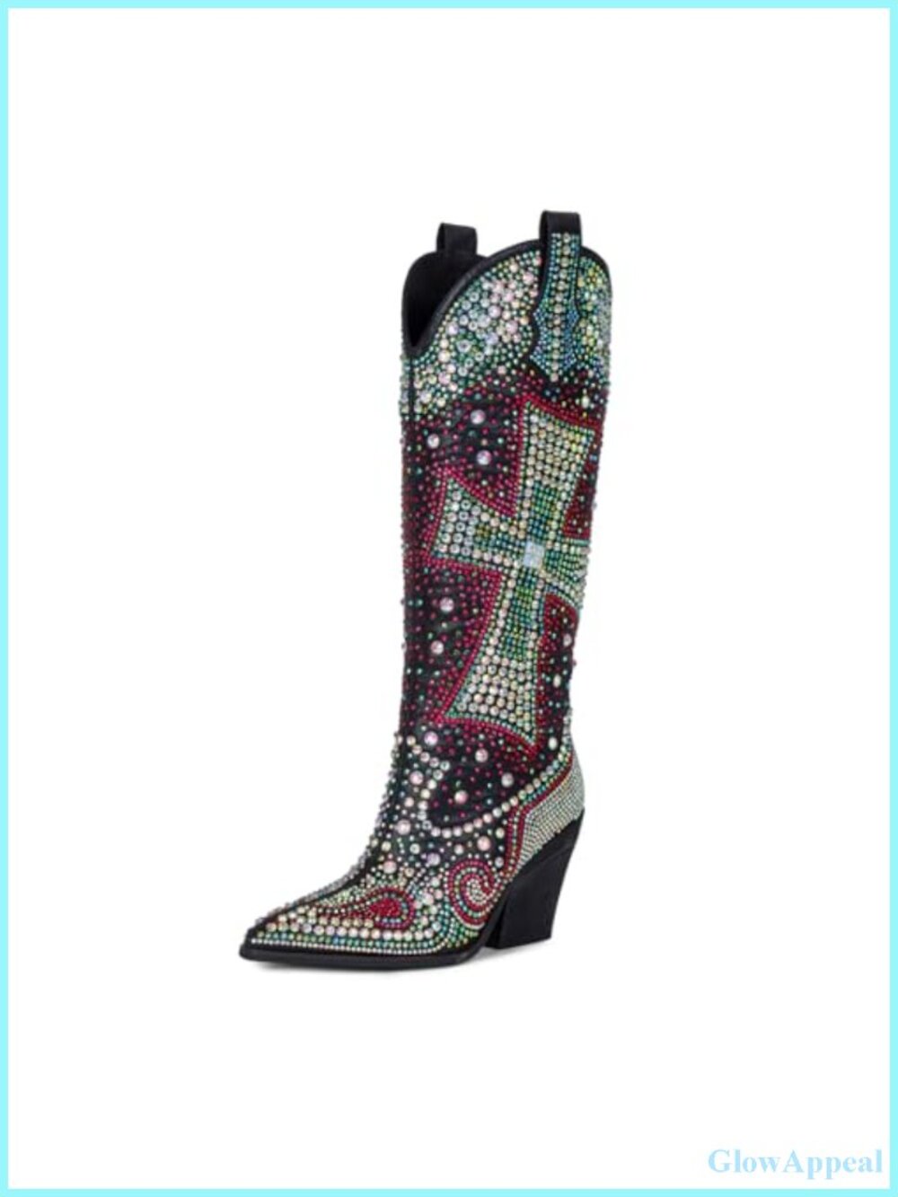 Faux Leather Rhinestone Knee High Western Cowboy Boots Pointed Toe